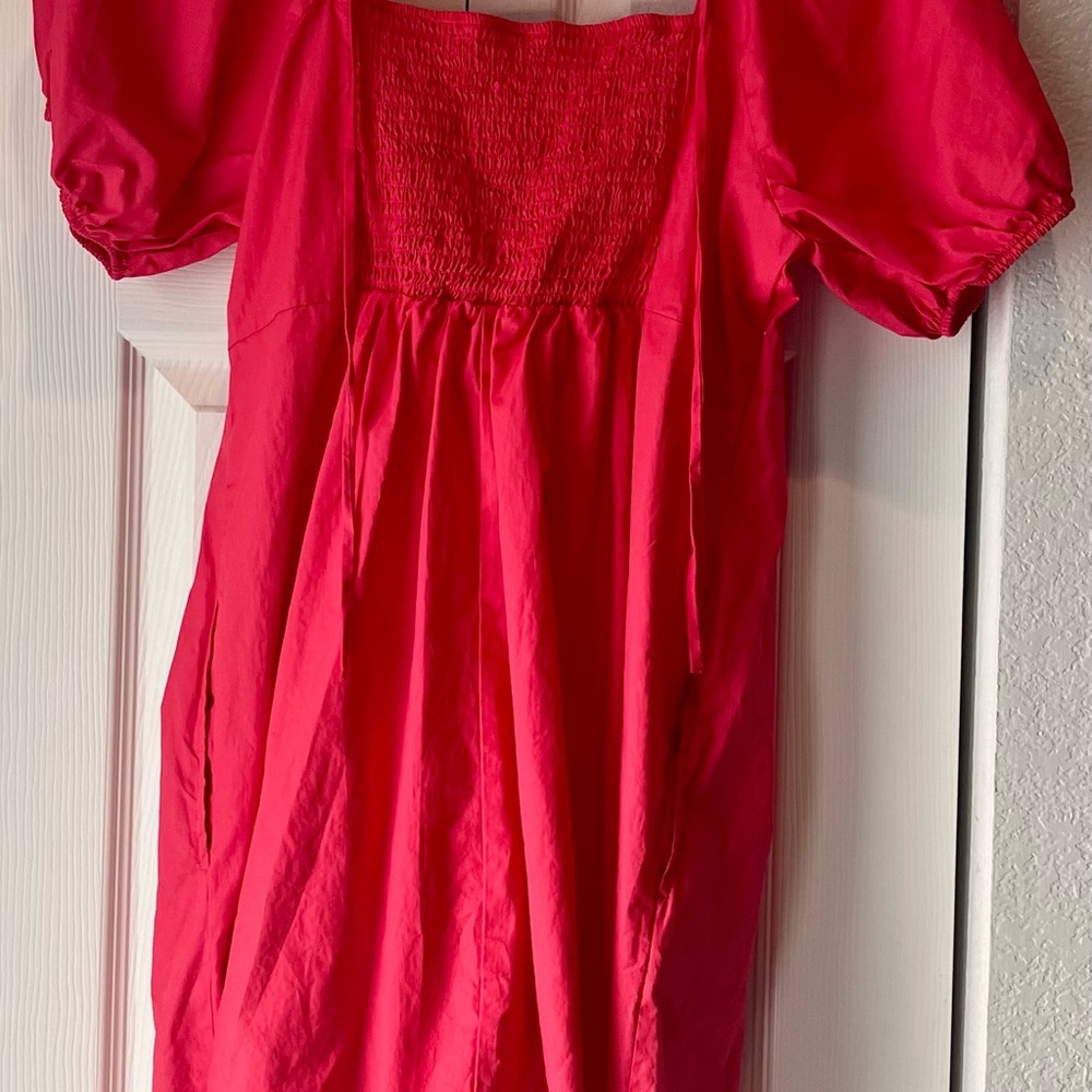 Draper James Vibrant Red Dress w/ Square Neckline, Flocked Bodice & Puff Sleeves - Picture 10 of 10